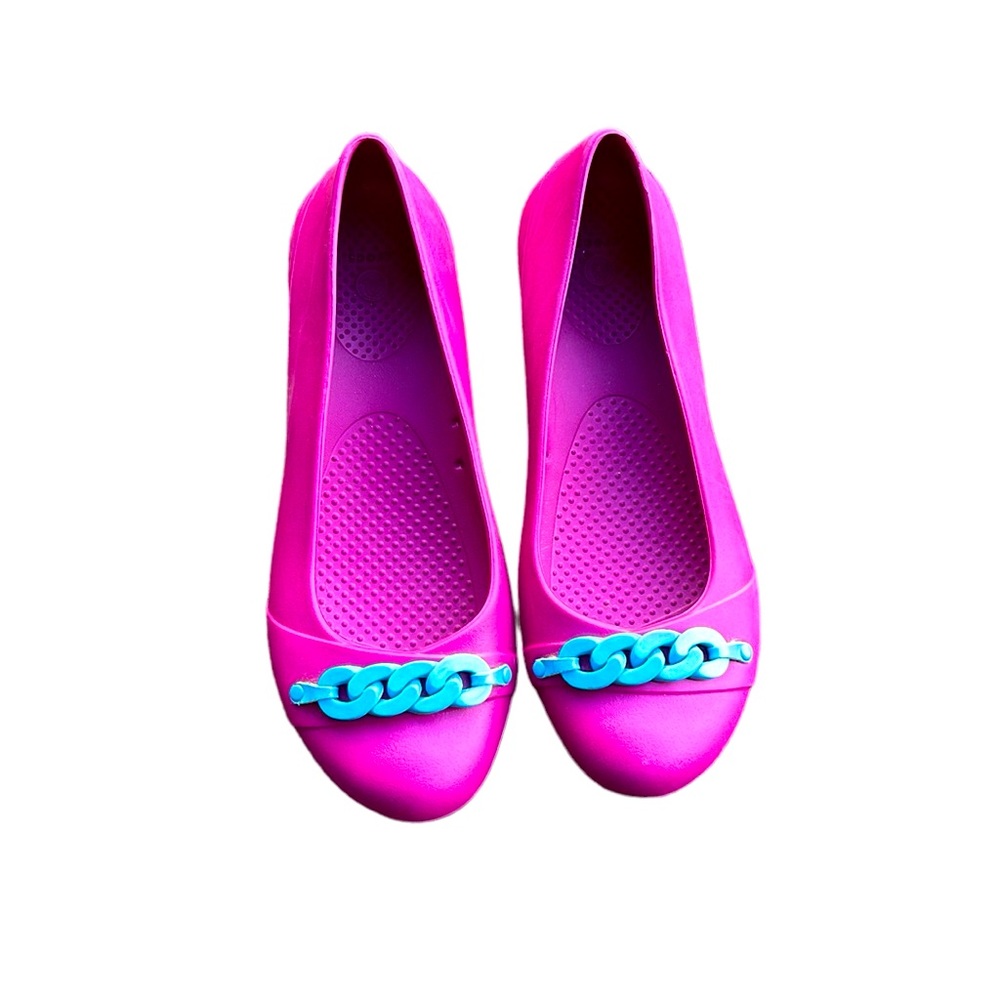 CROCS Women's Hot Pink Flats with Turquoise Chain Accent